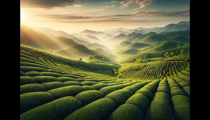 A picturesque landscape of sprawling tea plantations in China, with rows of lush tea bushes under a clear sky, illustrating the natural environment of Chinese matcha cultivation.