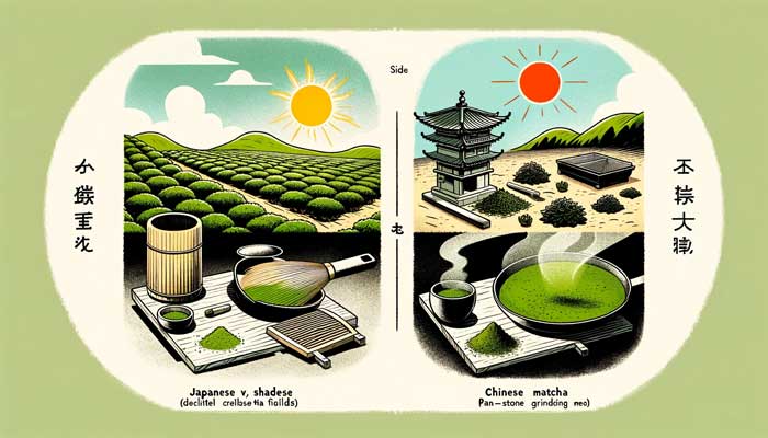 An illustrative depiction showcasing the distinct production methods of Japanese and Chinese matcha. One side features the delicate, shaded tea fields and traditional stone grinding of Japanese matcha, while the other side displays the sun-exposed tea fields and pan-firing method characteristic of Chinese matcha production.