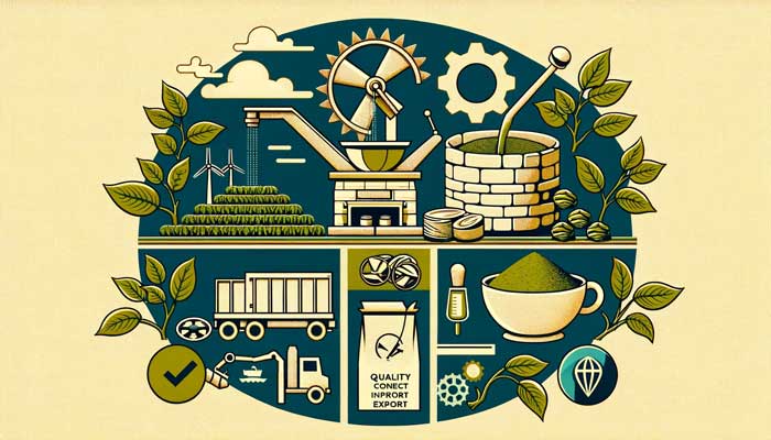 A visual representation showcasing why Japanese matcha is expensive, featuring elements like a traditional stone mill for grinding matcha, symbolizing artisanal craftsmanship, and imagery of hand-picked tea leaves, indicating labor-intensive farming. Also included are symbols of quality control and export, such as a quality inspection badge and a shipping container, highlighting the comprehensive efforts behind ensuring the high quality and global distribution of Japanese matcha.