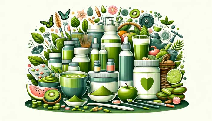 A diverse collection of health and wellness products derived from matcha, such as nutritional supplements, skincare items, and healthy beverages, representing the broad health benefits of matcha.