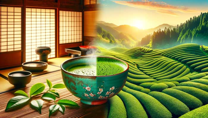 A harmonious blend of Japanese and Chinese matcha traditions, featuring a tranquil Japanese tea ceremony setting on one side and a lush Chinese tea plantation on the other, symbolizing the unique qualities and origins of both cultures' approach to matcha.