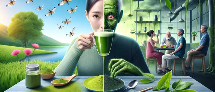 A compelling visual contrast highlighting the health implications of pesticides in matcha: one side shows a healthy individual enjoying matcha in a vibrant setting, symbolizing the benefits of organic, pesticide-free matcha; the other side portrays a person appearing unwell in a dull environment, representing the adverse health effects of consuming matcha with pesticides.