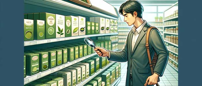 A scene depicting 'How Consumers Can Make Informed Choices' on matcha, showing a discerning shopper in a store, carefully examining a variety of matcha products with labels and certifications, using a magnifying glass to emphasize their detailed scrutiny and the importance of making educated decisions in a welcoming shopping environment.