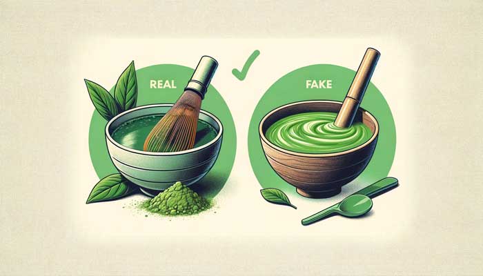 A 7x4 image depicting the concept of 'Understanding Matcha: Real vs Fake'. The left section shows authentic matcha with a bowl of vibrant green powder, a bamboo whisk, and fresh tea leaves, symbolizing quality. The right section illustrates fake matcha with a bowl of dull, pale green powder and a plastic spoon, indicating lower quality. The minimalist background focuses attention on the matcha comparison, clearly conveying the theme of distinguishing real from fake matcha.