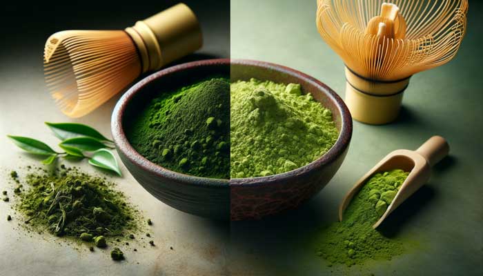 A 7x4 image centered on 'Identifying Authentic Matcha'. The left side displays a bowl of rich, vibrant green matcha powder, its fine texture and bright color evident, accompanied by a traditional bamboo whisk and fresh tea leaves, symbolizing genuine matcha. On the right, a contrasting image of a bowl containing dull, coarse green powder highlights lower quality matcha. The subtle and elegant background accentuates the matcha bowls, clearly showcasing the stark differences in color and texture between authentic and inferior matcha.
