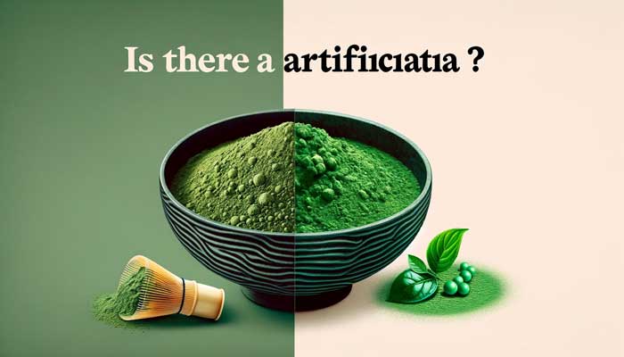 A 7x4 image addressing the question 'Is There Artificial Matcha?'. On the left, the image features pure, natural matcha powder in a traditional Japanese bowl, representing authentic matcha. The right side contrasts with a bowl of green powder, marked by visible artificial colorants and additives, symbolizing the synthetic nature of artificial matcha. The neutral background sharpens the focus on the matcha bowls, effectively illustrating the comparison and the query into the reality of artificial matcha.