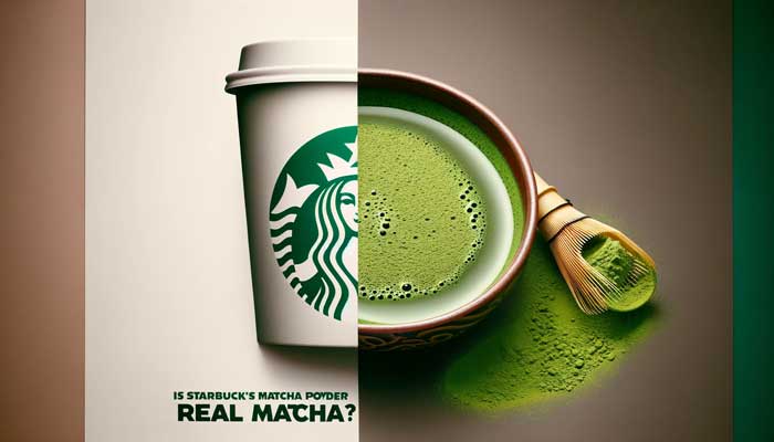 A 7x4 image exploring 'Is Starbucks Matcha Powder Real Matcha?'. On the left, there's a cup with Starbucks-style design, containing a commercial matcha blend, indicative of its blended and mainstream nature. On the right, a traditional Japanese bowl holds pure, vibrant green matcha powder, representing authentic ceremonial grade matcha. The neutral background accentuates the stark contrast between the commercial matcha product and traditional, high-quality matcha.