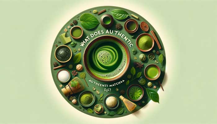 A 7x4 image illustrating 'What Does Authentic Matcha Taste Like?'. Centered is a traditional Japanese matcha bowl filled with vibrant green matcha. Around the bowl are elements symbolizing its rich flavor profile: fresh green tea leaves for its natural essence, a small swirl of cream indicating its creamy texture, and subtle elements of sweetness and bitterness represented by sugar crystals and a piece of dark chocolate. The calm and natural background enhances the sensory experience, reflecting the peaceful enjoyment of authentic matcha.