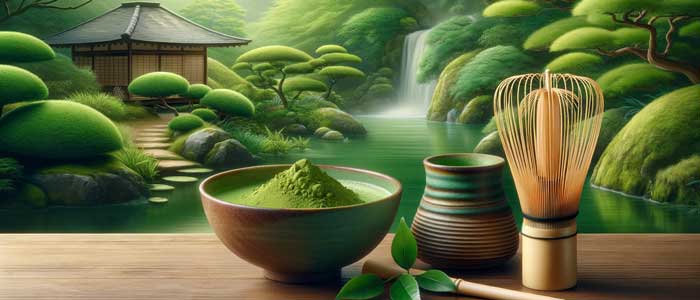 serene landscape with bowl of matcha and matcha whisk in the foreground