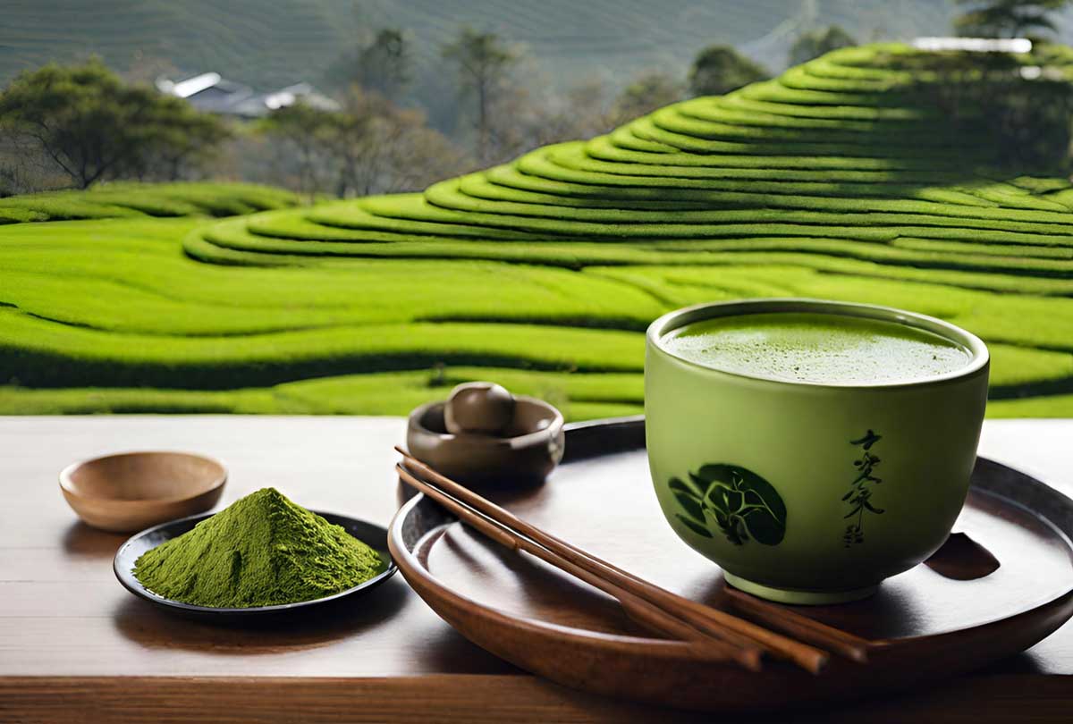 cup of awa organic ceremonial grade matcha with uji tea farm background