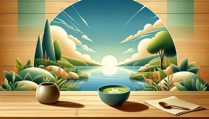 In the foreground, there's a small wooden table holding a bowl of matcha, symbolizing tranquility and natural wellness. The background showcases a peaceful lake, lush greenery, and a clear blue sky, contributing to the overall sense of peace and harmony between modern living and nature.