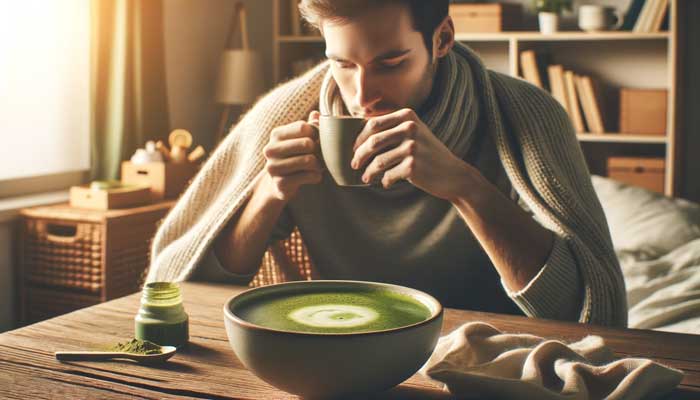 a comforting scene of an individual with a warm bowl of matcha tea, designed to convey a sense of wellness and self-care