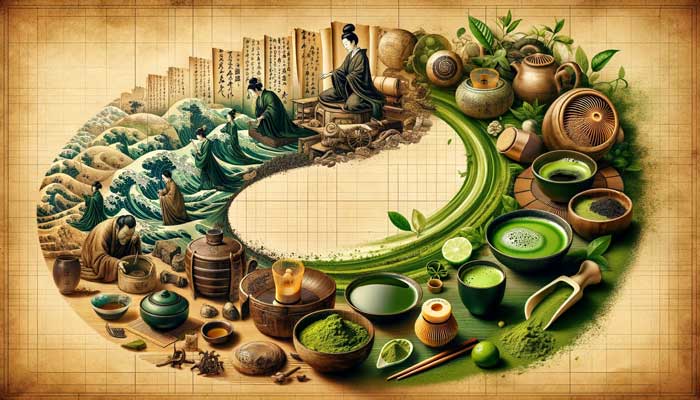 It artistically depicts the evolution of green tea and matcha from ancient ceremonies to modern, health-conscious lifestyles, showcasing the timeless journey and adaptability of these teas.
