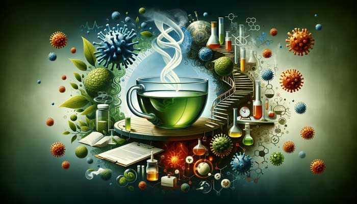 artistically depicts the relationship between green tea and the battle against the flu, featuring elements like tea leaves, a steaming cup, and symbols of medical research, reflecting a narrative of traditional remedies merging with modern science.