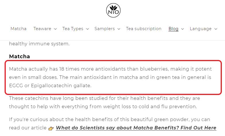 nioteas on blueberry vs matcha antioxidants content