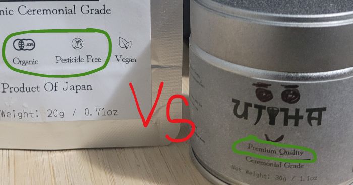 organic matcha in a bag and non-organic matcha in a can